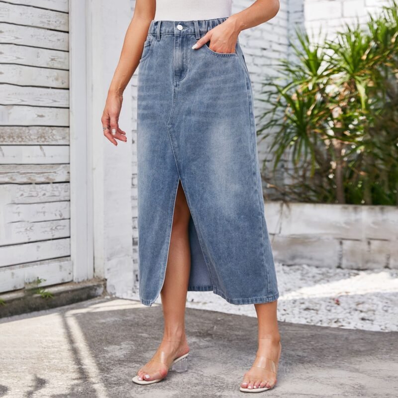 Elastic Waist Split Denim Midi Dress - Trendy and Comfortable