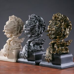 American Retro Animal Copper Lion Head Portrait – Resin Craft Ornament for Hallway & Office Decor