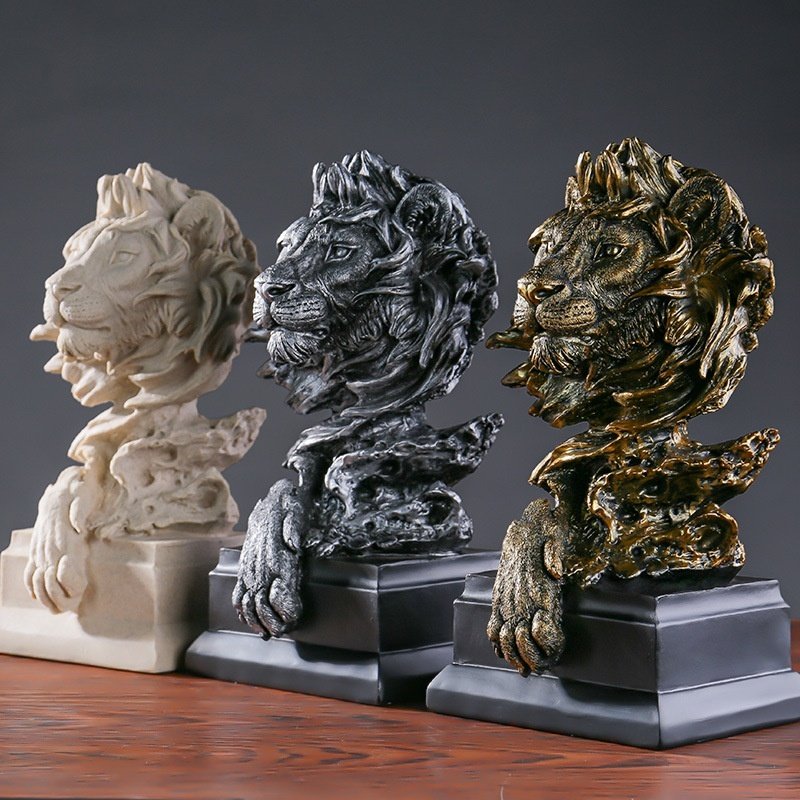 American Retro Animal Copper Lion Head Portrait – Resin Craft Ornament for Hallway & Office Decor