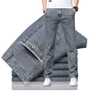 Men's Loose Elastic Jeans – Straight Fit Solid Color Casual Trousers