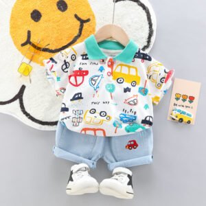 Baby Car Pattern Two-Piece Summer Outfit – Casual & Comfortable Clothing for Kids