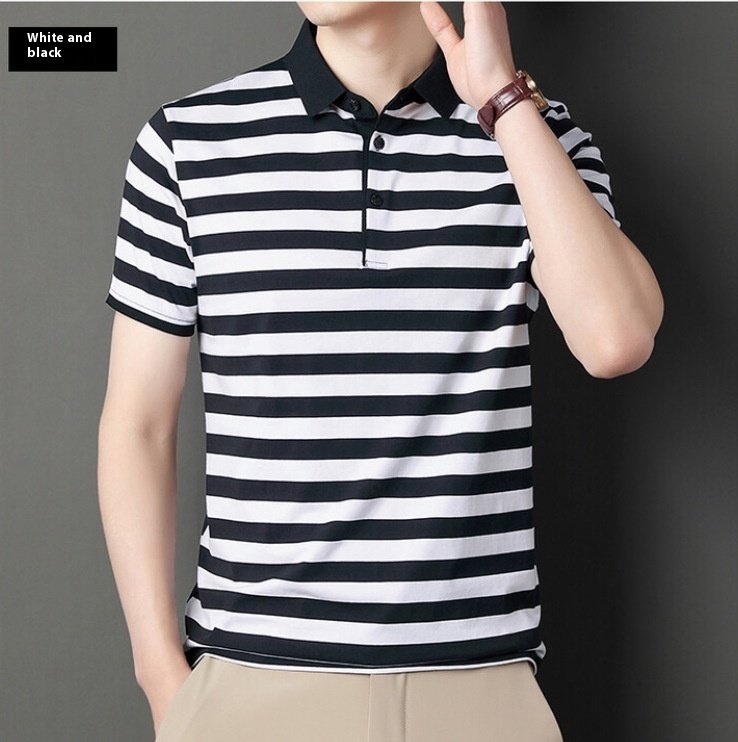 Men's Summer Short-Sleeved T-Shirt – Cotton Ice Silk Polo Collar with Stripes