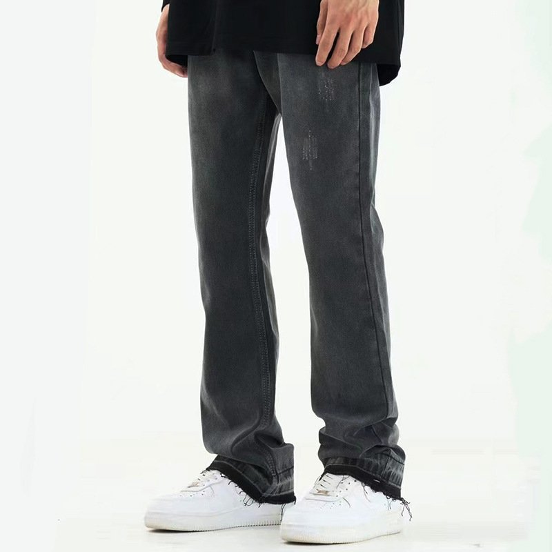 Micro Flared Foot Fringe Worn Jeans – Trendy Men's Distressed Denim