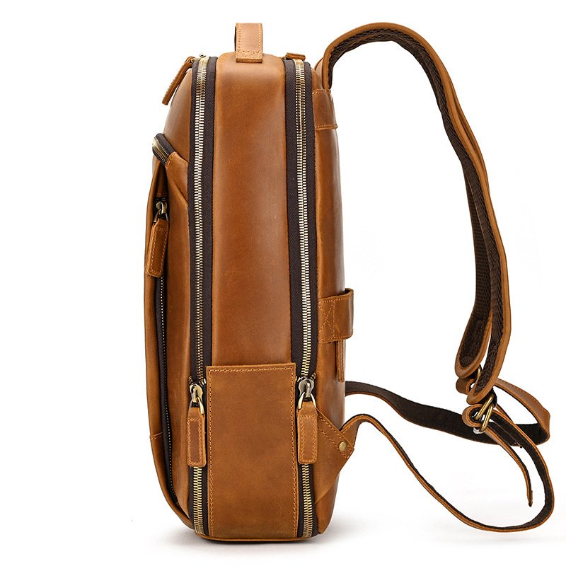 Double Zipper Genuine Leather Backpack - Large Capacity Crazy Horse Leather Travel Bag