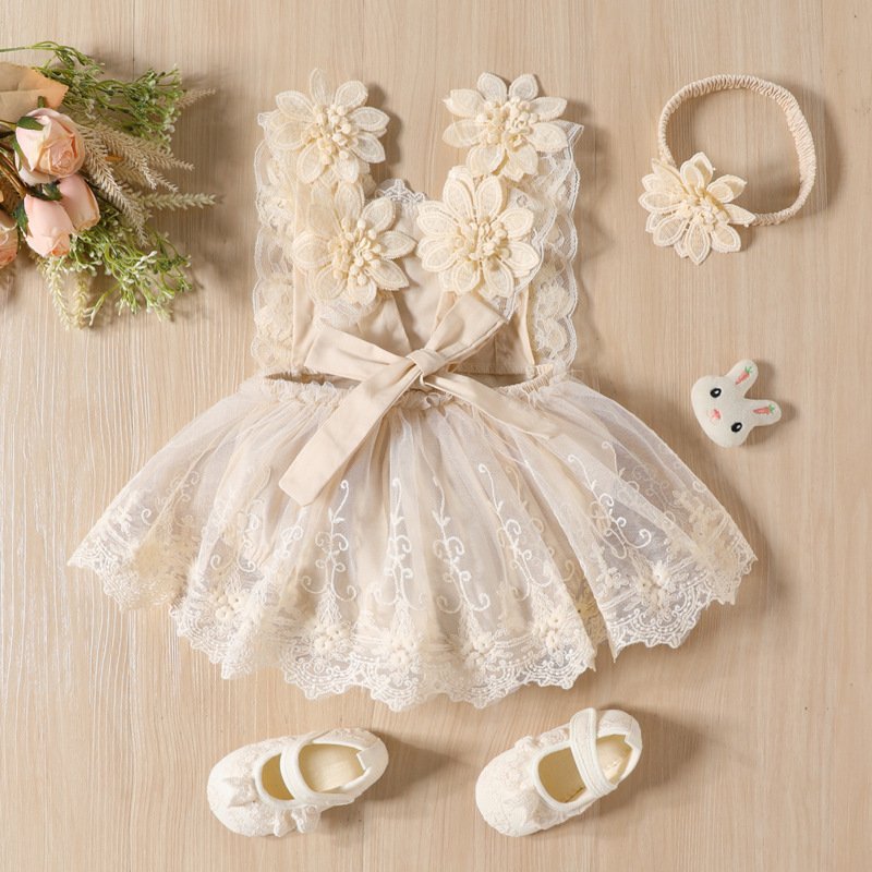 Romper Lace Vest One-Piece with Flower Hair Band – Elegant Baby Girl Outfit Se