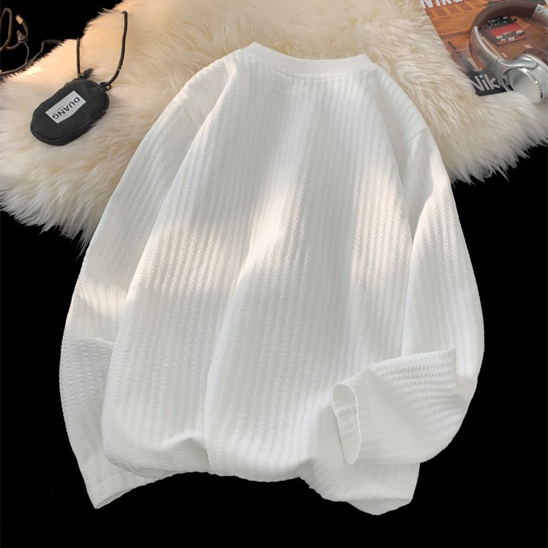 Autumn and Winter White Textured Long Sleeve T-shirt – Loose Fit & Cozy