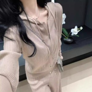 Hooded Cardigan Short Coat with Two-Piece Pants Set for Women | Stylish & Comfortable Loungewear