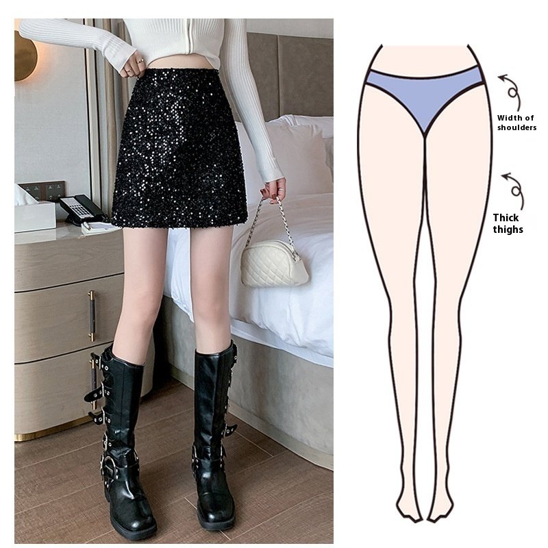 Sequined Skirt High Waist Black Sheath A- Line Skirt
