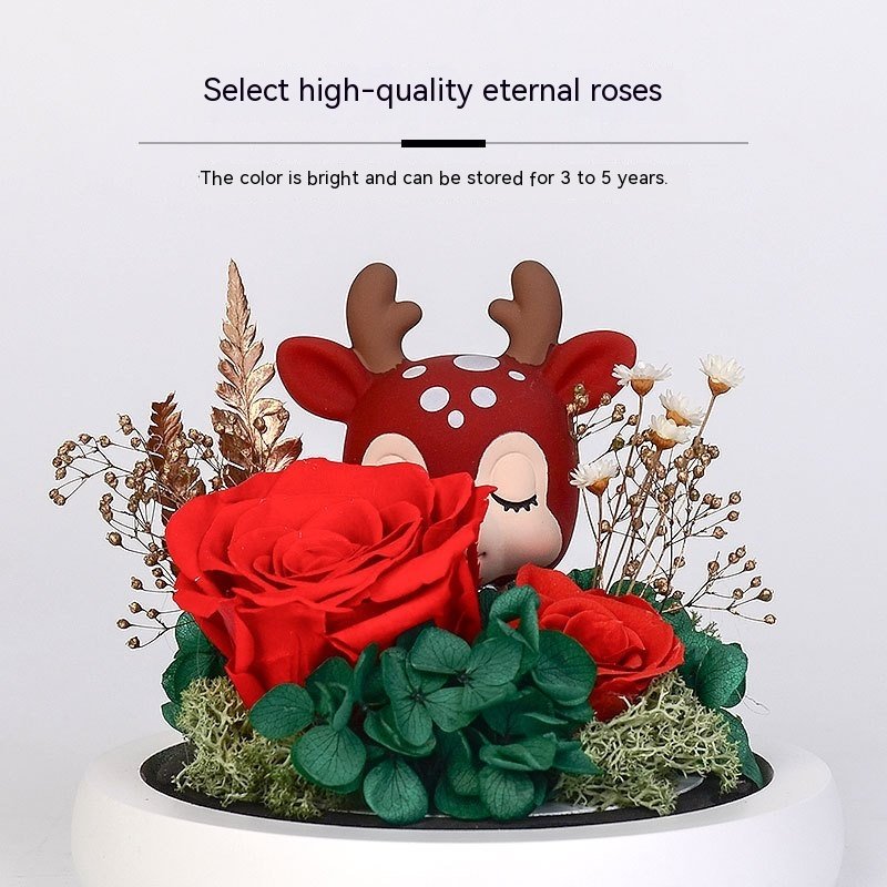 Preserved Flower Deer Doll in Glass Cover Gift Box – Unique & Elegant Gift Idea