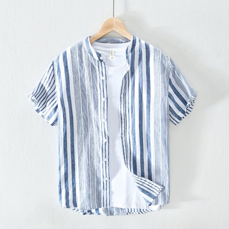 Linen Striped Short-Sleeved Men's Shirt – Loose and Comfortable Summer Style