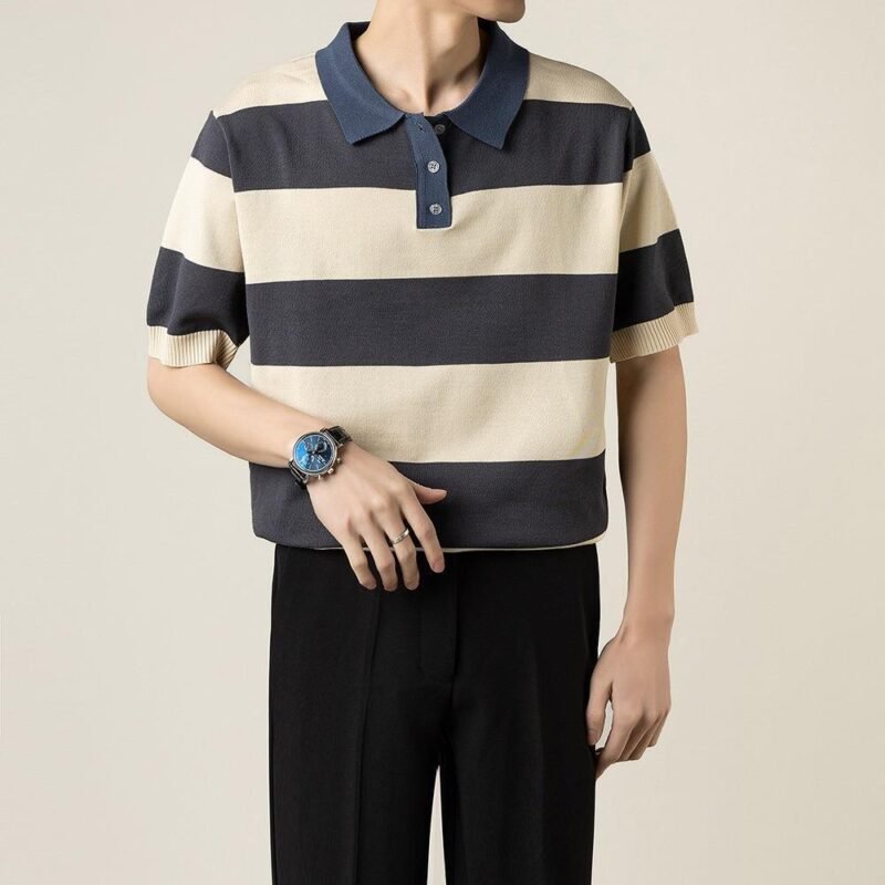 Knitted Polo Shirt – Casual Striped Short Sleeve for Men
