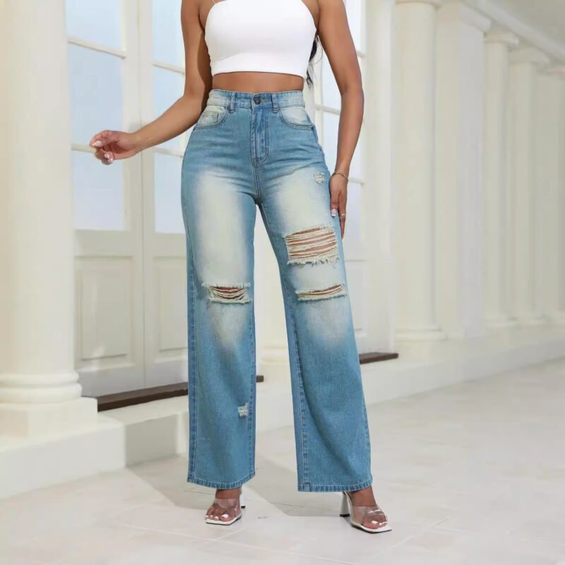 Fashion High Waist Ripped Jeans with Pockets | Comfortable Slim Fit & Straight Wide-Leg Pants for Women