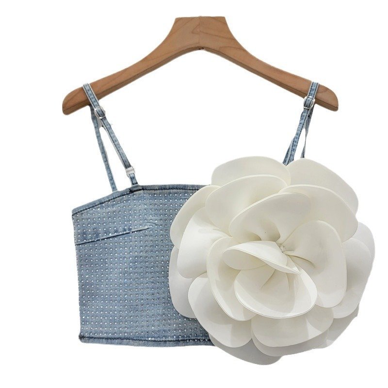 Three-Dimensional Large Flower Camisole - Women's Outer Wear Rhinestone Denim Short Top
