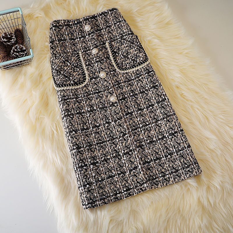 Mid-length A-Line High Waist Slimming Woolen Plaid Skirt – Stylish and Elegant Women's Skirt