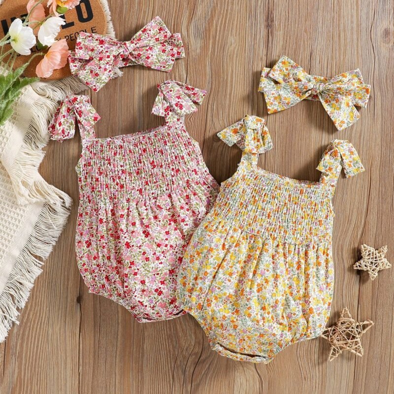 Floral Strap Smocking One-Piece Romper – Adorable Baby Girl Rompers for Any Occasion