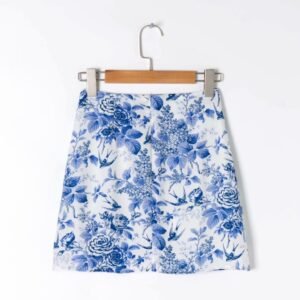 Blue and White Printed Stretch Slimming Skirt – Stylish and Comfortable