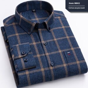 Cotton Long-Sleeved Plaid Shirt for Men - Slim Fit Business Casual