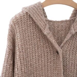 Hooded Cardigan One-Button Contrast Color Sequins Loose-Fitting Sweater for Women