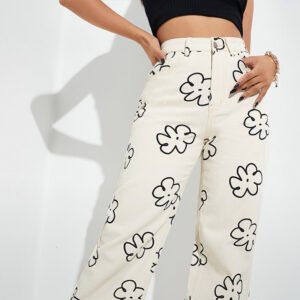 Women's Loose Straight-Leg Printed Casual Jeans – Stylish & Comfortable