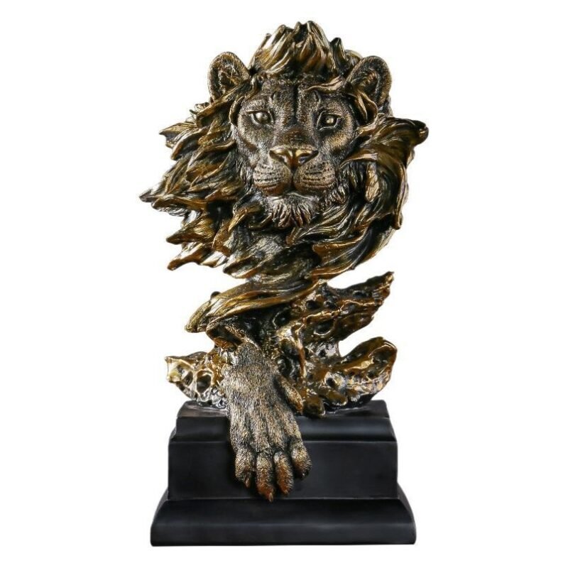 American Retro Animal Copper Lion Head Portrait – Resin Craft Ornament for Hallway & Office Decor