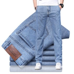 Men's Loose Elastic Jeans – Straight Fit Solid Color Casual Trousers