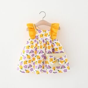 Baby Girl Flounced Sleeve Dress & Free Bamboo Basket Satchel - Stylish & Cute Outfit Set