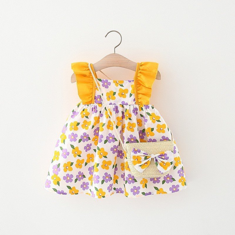 Baby Girl Flounced Sleeve Dress & Free Bamboo Basket Satchel - Stylish & Cute Outfit Set