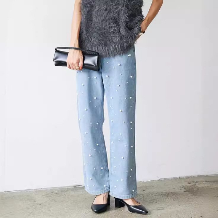 Heavy Industry Nail Pearl Buckle Women's Jeans | Casual Loose Trousers for a Stylish Look