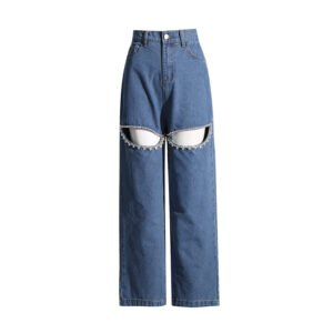 Diamond Beaded Straight Hollow Jeans for Women | Mid-Waist Long Stylish Denim
