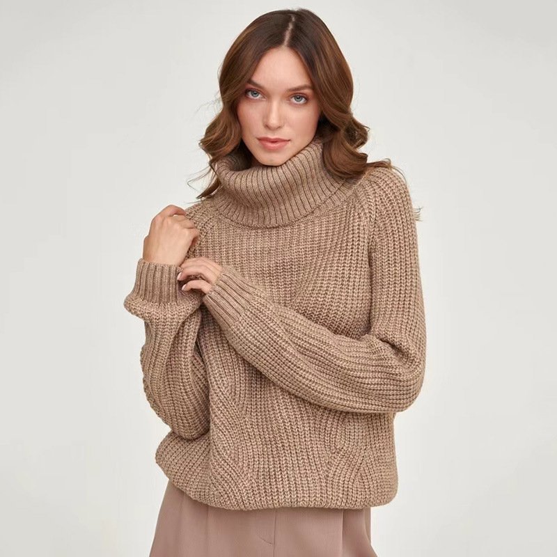 High Neck Thickened Turtleneck Sweater - Solid Color Casual Mid-Length Sweater for Women