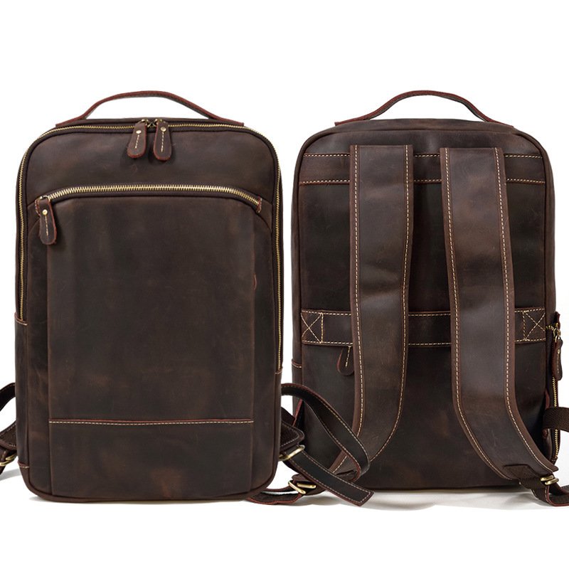 Double Zipper Genuine Leather Backpack - Large Capacity Crazy Horse Leather Travel Bag