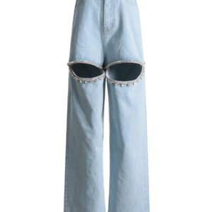 Diamond Beaded Straight Hollow Jeans for Women | Mid-Waist Long Stylish Denim
