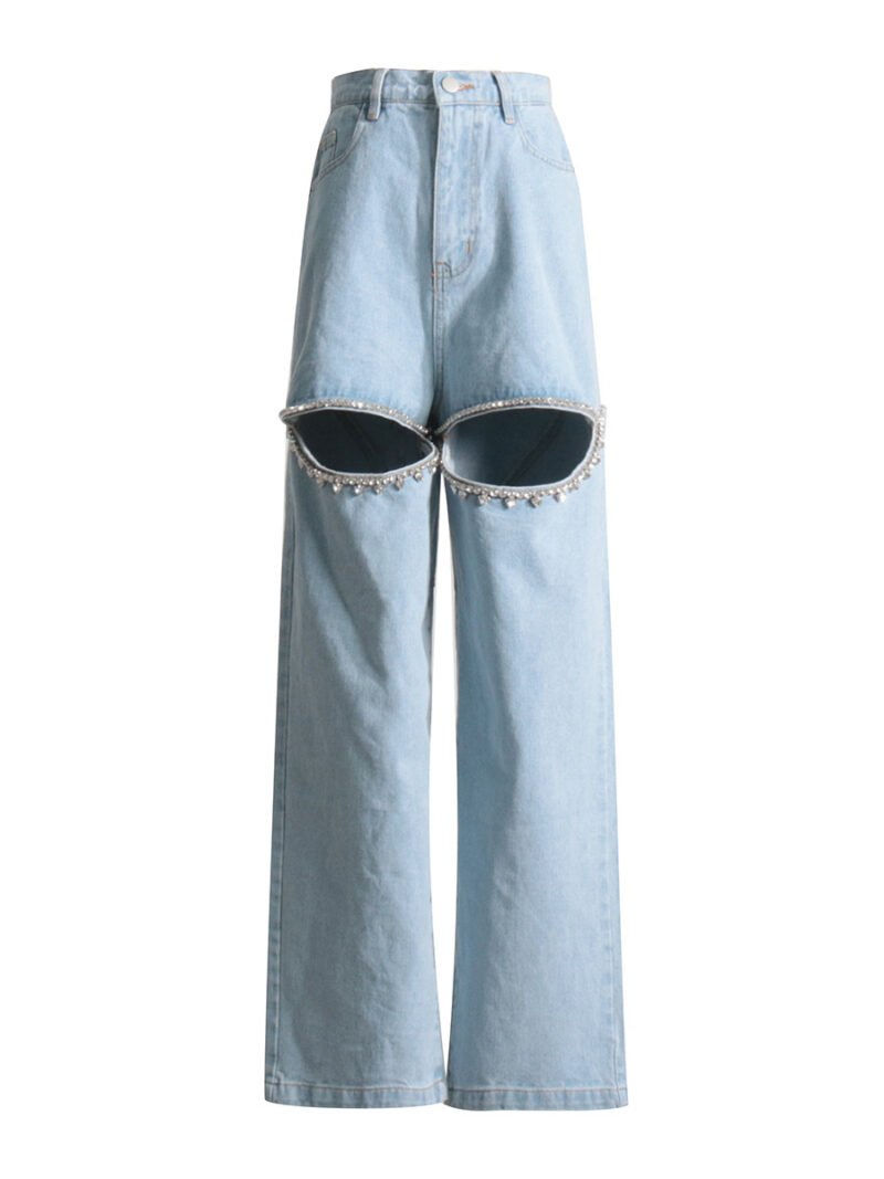 Diamond Beaded Straight Hollow Jeans for Women | Mid-Waist Long Stylish Denim