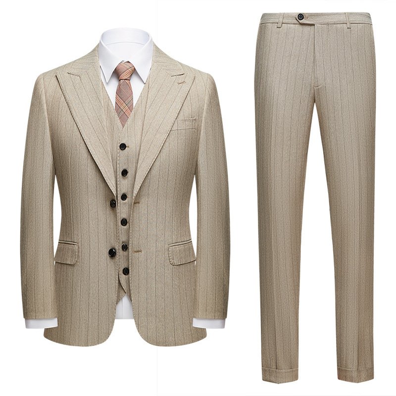 Slim Striped Light Coffee Casual Three-Piece Suit for Men