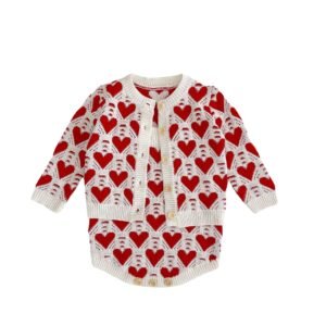 Baby Girl Knitted Love Jacquard Sweater Coat & Shoulder Strap Romper – 2-Piece Set