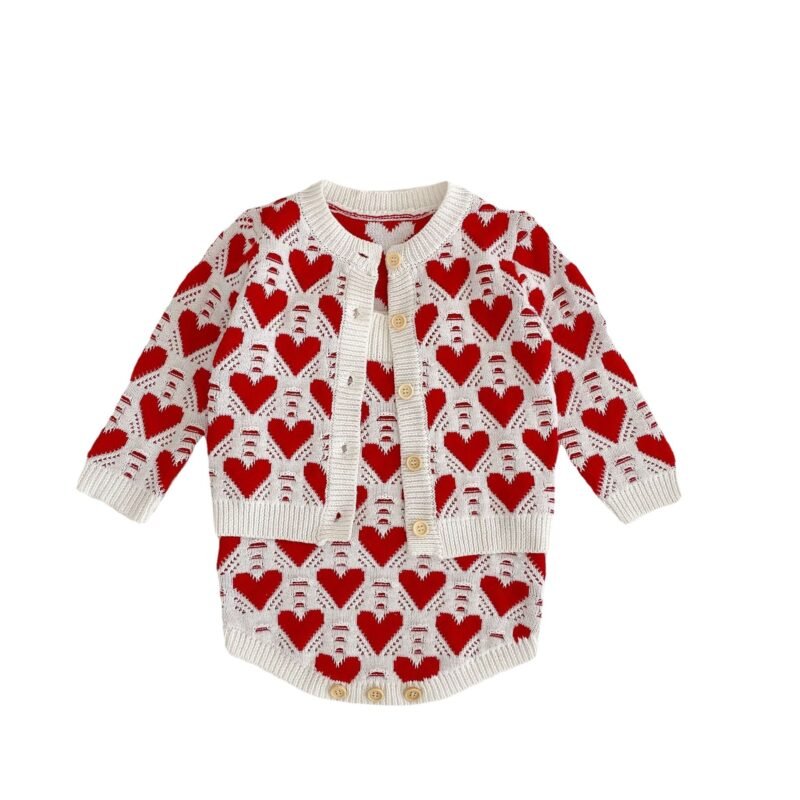 Baby Girl Knitted Love Jacquard Sweater Coat & Shoulder Strap Romper – 2-Piece Set