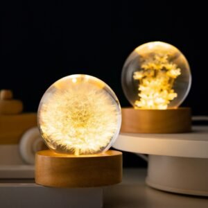 Luminous 3D Dandelion Crystal Ball with Beech Wood Stand – Preserved Flower Sphere Desktop Ornament, Birthday & Christmas Gifts