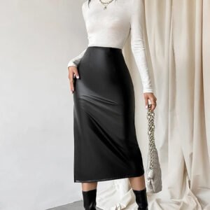 French Sheath PU Leather Skirt Black Slit Straight Skirt - Chic & Stylish Design