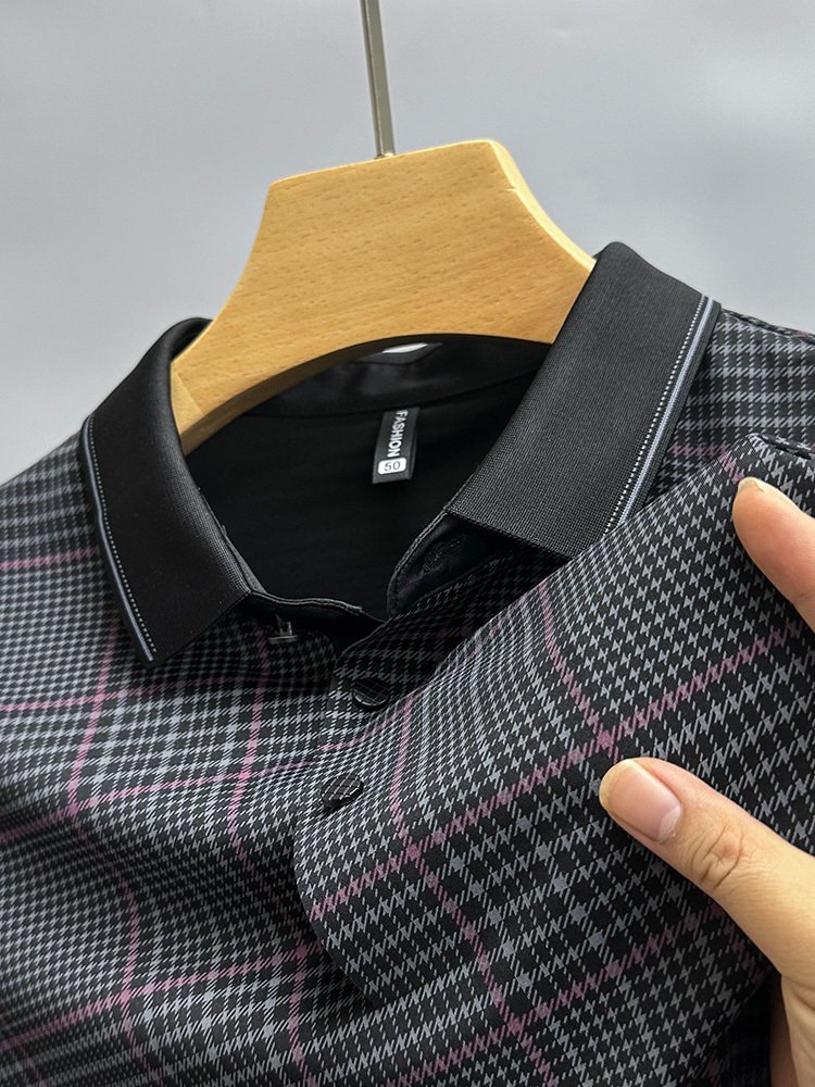 Summer Thin Plaid Printed Half Sleeve Polo Shirt – Traceless Shirt Collar for Men