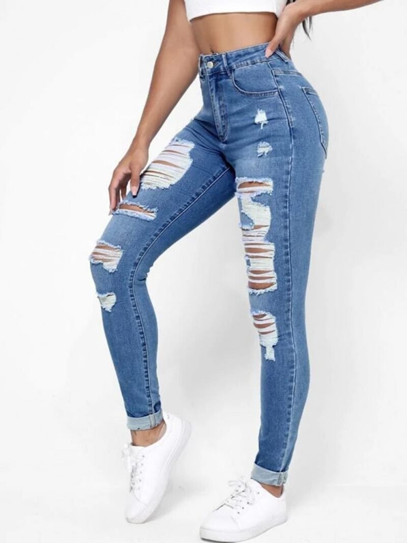 Women's High Waist Skinny Jeans – Slim Fit, Slimming with Ripped Holes for a Trendy Look