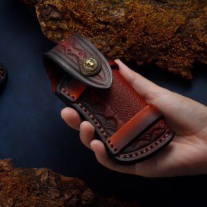 Planted Carved Leather Top Layer Folding Knife Cover - Genuine Leather Protective Case