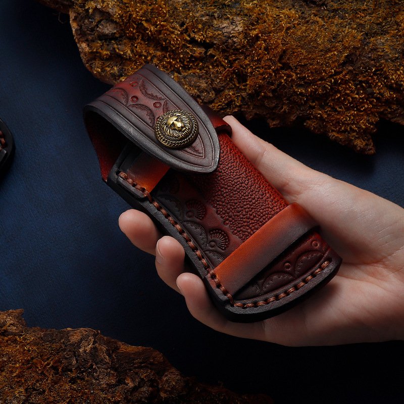 Planted Carved Leather Top Layer Folding Knife Cover - Genuine Leather Protective Case