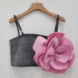 Three-Dimensional Large Flower Camisole - Women's Outer Wear Rhinestone Denim Short Top