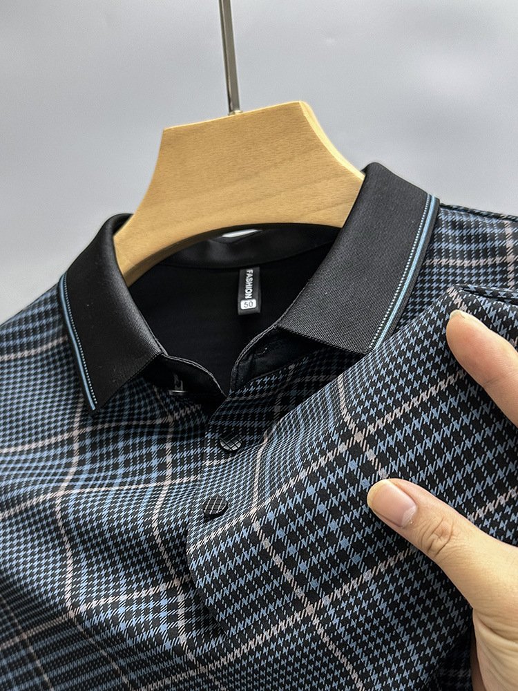 Summer Thin Plaid Printed Half Sleeve Polo Shirt – Traceless Shirt Collar for Men