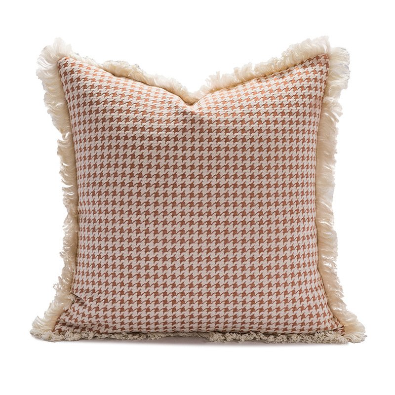 Tassel Lace Pillow – Modern Wine Houndstooth Orange Cushion Cover for Stylish Decor