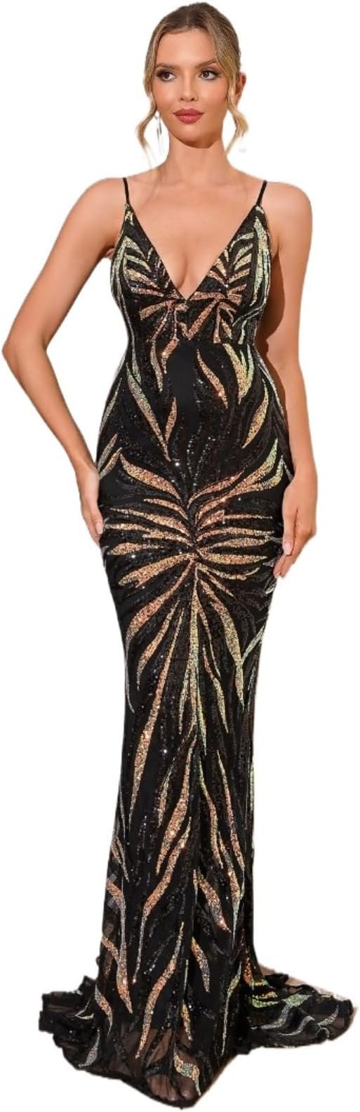 Sexy V-Neck Backless Mermaid Hem Sequin Formal Dress – Elegant Evening Gown