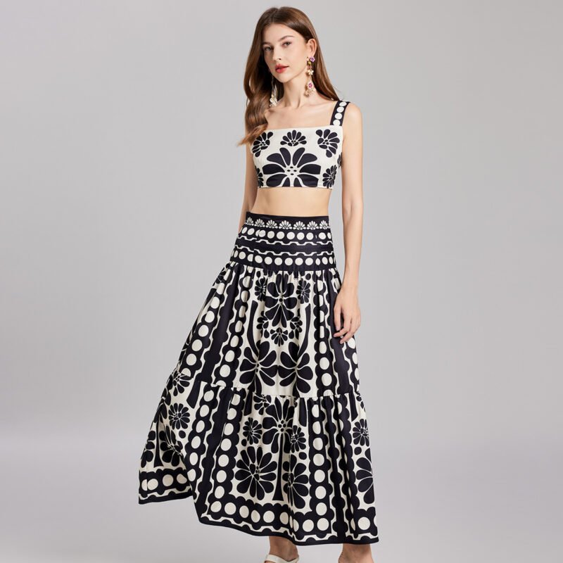 Two-Piece Set | Sexy Short Straps Top & High Waist A-Line Skirt