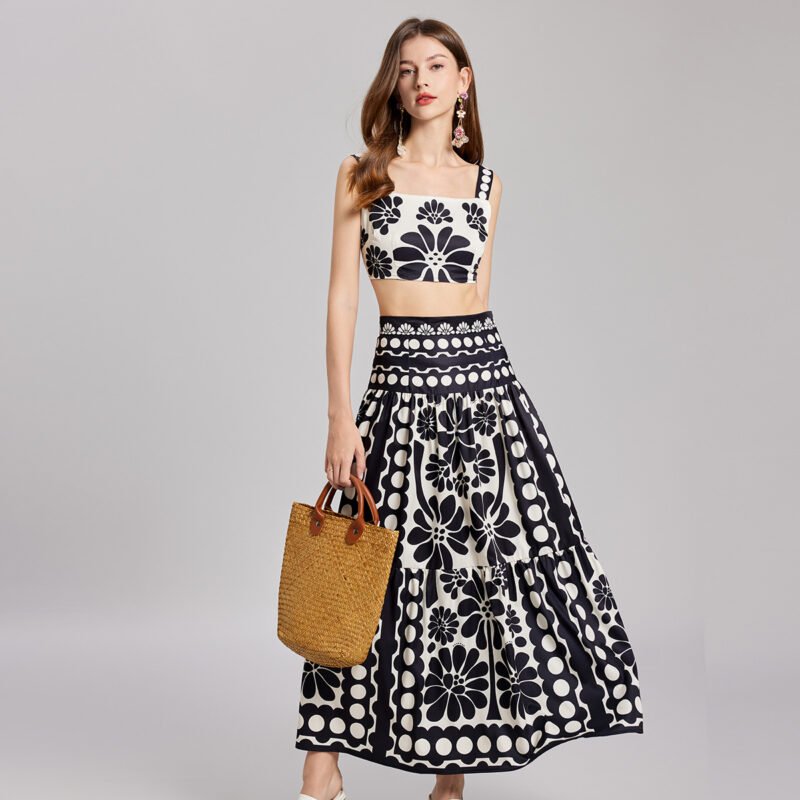 Two-Piece Set | Sexy Short Straps Top & High Waist A-Line Skirt