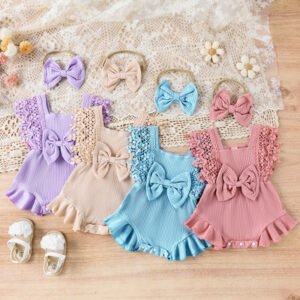 Infant Baby Girl Summer Romper with Lace Sleeves & Headband – 0-18M