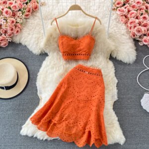 Summer Elegant Casual Fashion Skirt Top Suit | Hollow Out Sleeveless Tank for Women